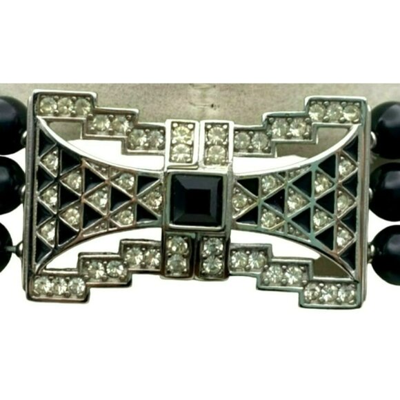 Vintage Givenchy Faux Pearl Black Bead Rhinestone Necklace Art Deco Style Clasp - Picture 3 of 10